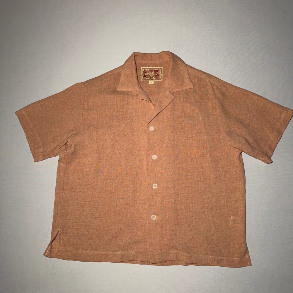 Monostereo Button Up Shirt Mens M Salmon Pink Viscose Blend Camp Collar Coastal